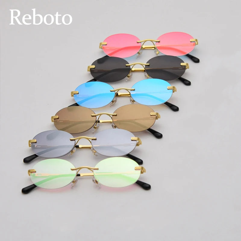 Oval Frameless Retro Sunglasses – Mirror Lens, UV400 Protection