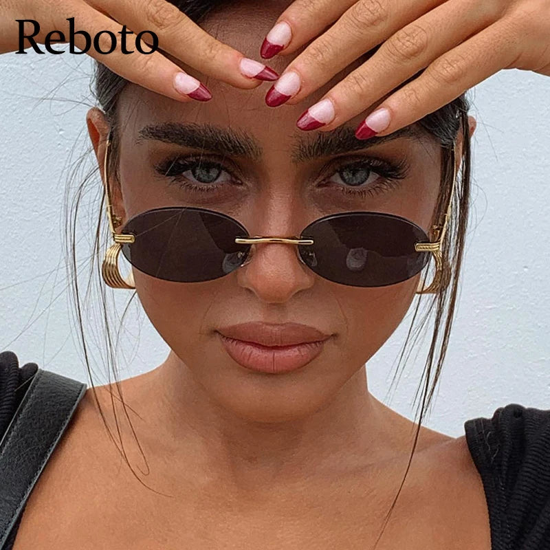 Oval Frameless Retro Sunglasses – Mirror Lens, UV400 Protection