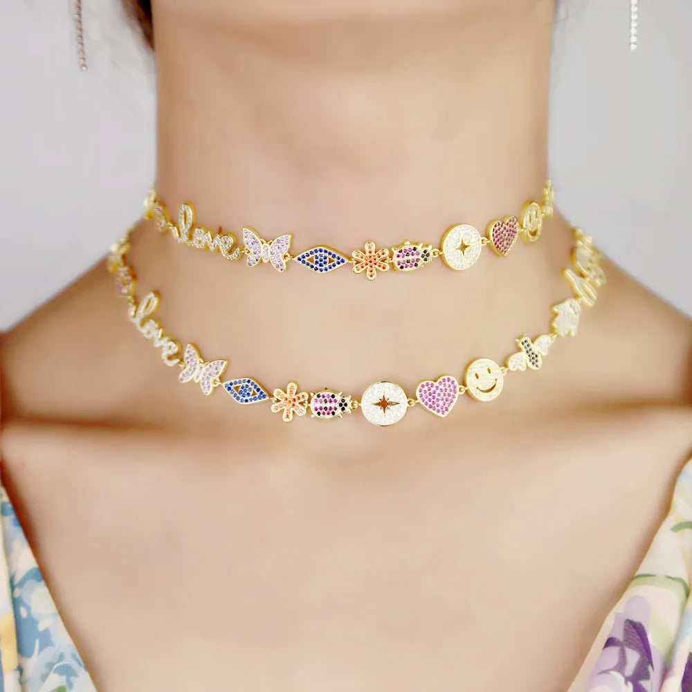 New Beach Animal Lips Face Choker Necklace – Rainbow CZ Sparkle
