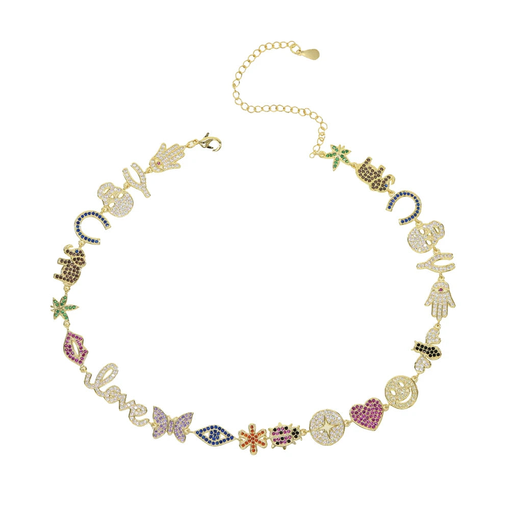 New Beach Animal Lips Face Choker Necklace – Rainbow CZ Sparkle
