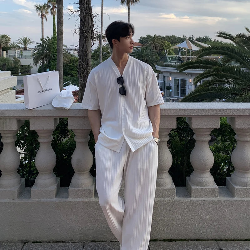 Effortless Cool: Men’s Ice Silk V-Neck Summer Set