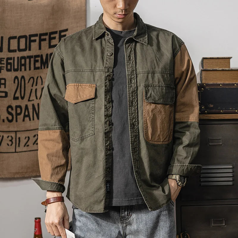 Men’s Vintage Patchwork Cargo Shirt – American Style, Japanese Influence