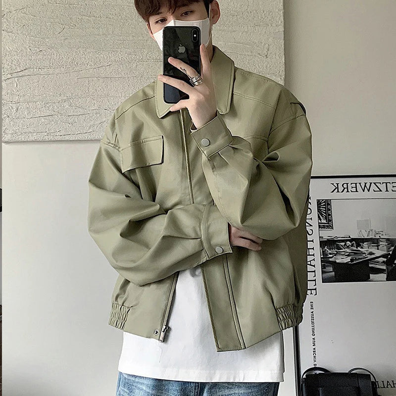 Men’s Casual Textured PU Leather Jacket – Autumn Collection