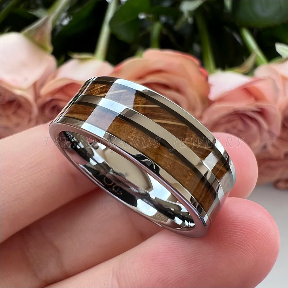 8mm Tungsten Wedding Band – Whisky Barrel Wood Inlay