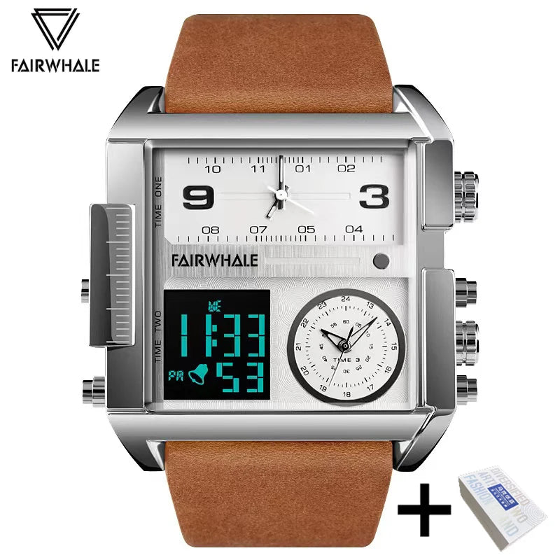 Mark Fairwhale Luxury Men's Quartz Watch – Square Dial & Brown Leather Strap