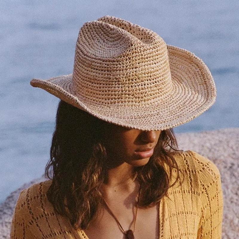 Handmade Raffia Straw Sun Hat for Women – Wide Brim Crochet Cowboy Style