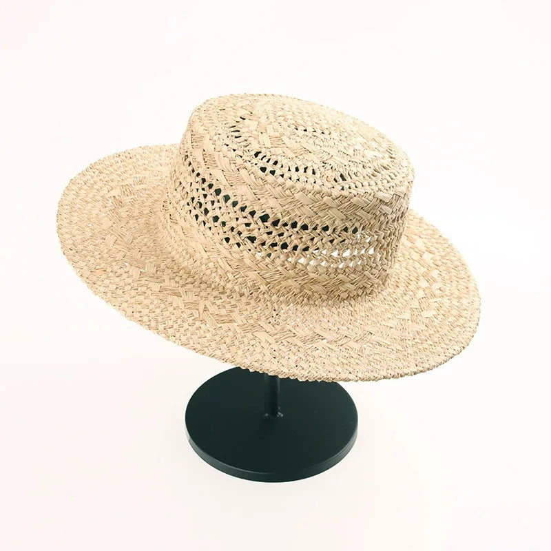 2025 New Hand-Woven Raffia Sun Hat – Retro Flat Top Wide Brim Panama Style