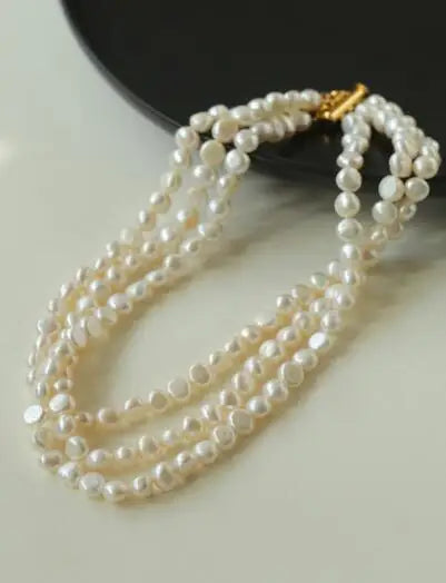 Brass Natural Baroque Pearl Layered Chain Choker Necklace