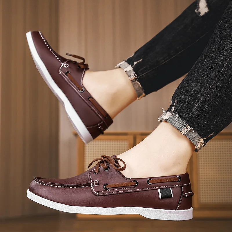 Men’s PU Leather Loafers – Strap Design Slip-On Boat Shoes
