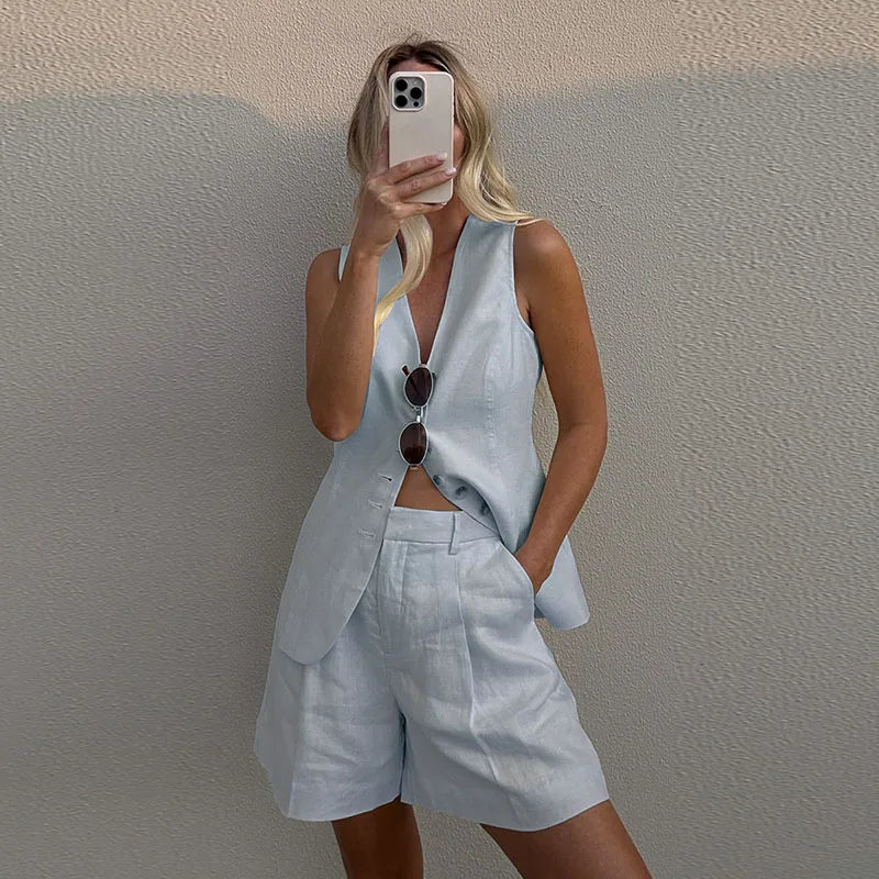 Effortless Style: Cotton Linen Vest & Shorts Set for Women