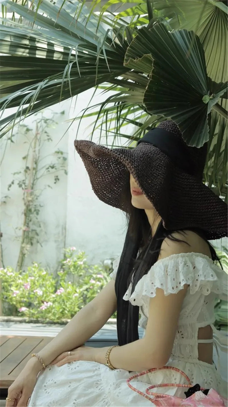 Chic Summer Wide Brim Paper Grass Sun Hat – Foldable & Packable with Long Ribbon