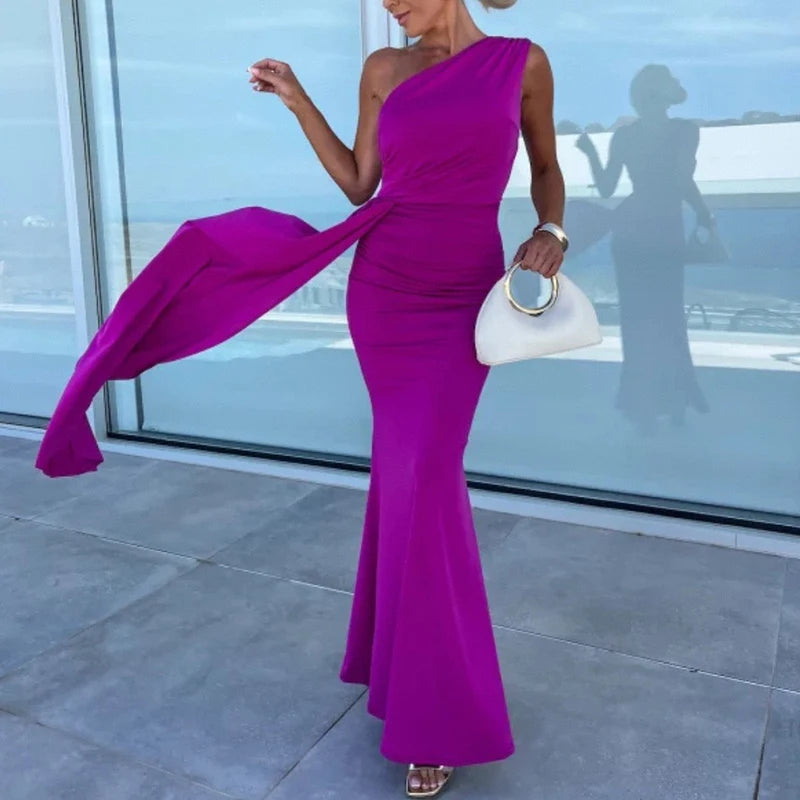 Summer New Solid Color Asymmetric Pleated Evening Dress
