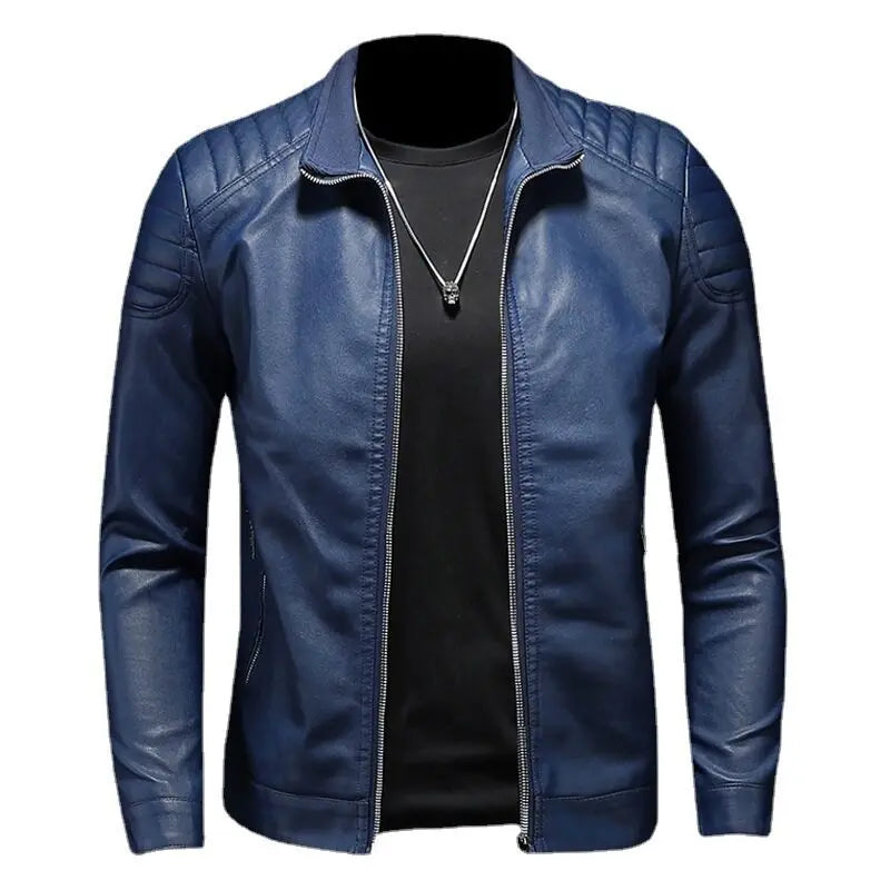 Men’s Winter Motorcycle PU Leather Jacket – Stand Collar Windbreaker
