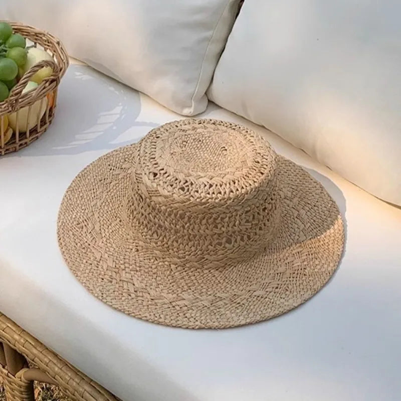 2025 New Hand-Woven Raffia Sun Hat – Retro Flat Top Wide Brim Panama Style