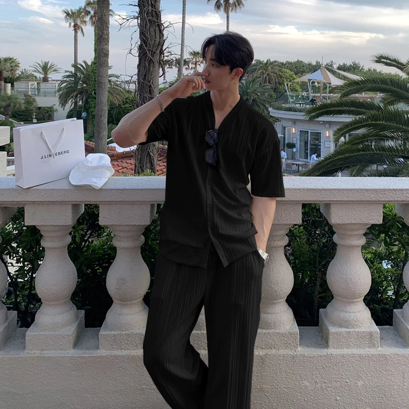 Effortless Cool: Men’s Ice Silk V-Neck Summer Set