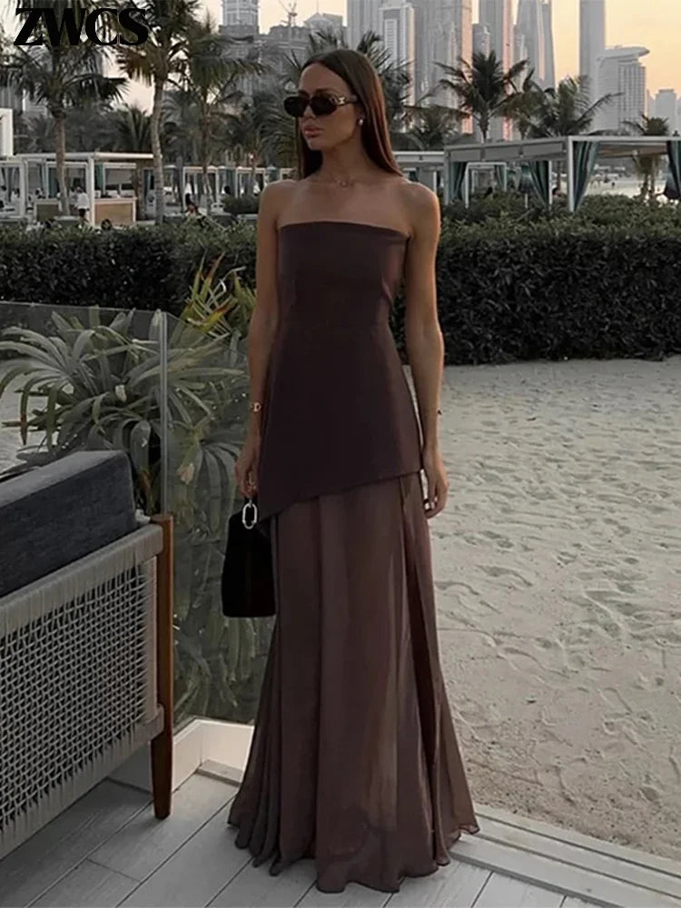 Elegant Patchwork Split Strapless Dress – Sexy Sleeveless & Backless