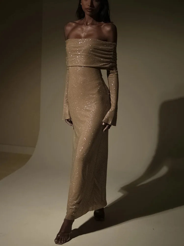 Elegant Strapless Sparkle Maxi Dress – Off-Shoulder, Backless & Bodycon