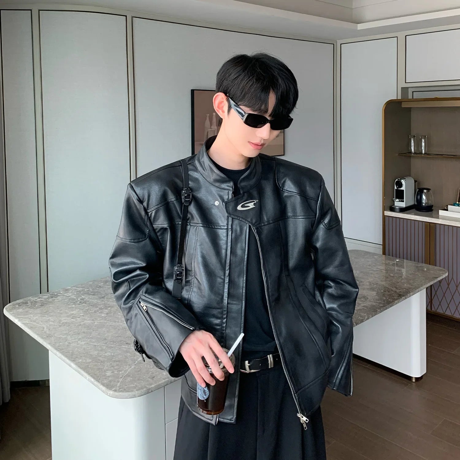 Vintage American Style Motorcycle Leather Jacket – High-End Stand Collar, Loose Fit