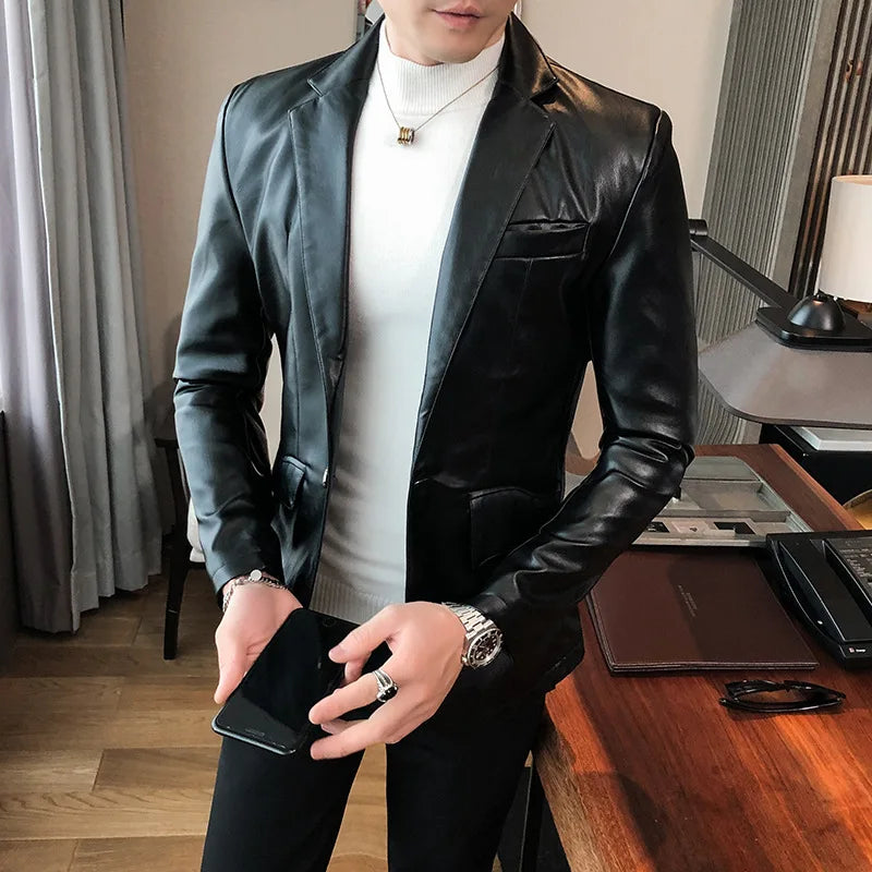 Men’s PU Leather Suit Jacket – Casual Blazer with Business Style