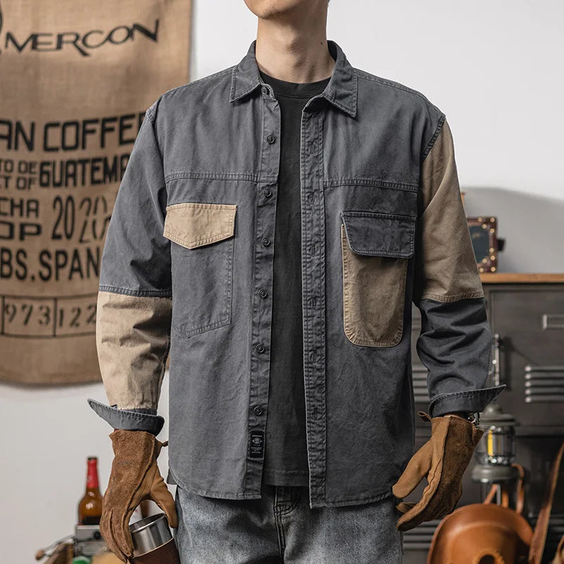 Men’s Vintage Patchwork Cargo Shirt – American Style, Japanese Influence