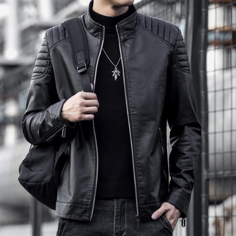 Men’s Winter Motorcycle PU Leather Jacket – Stand Collar Windbreaker