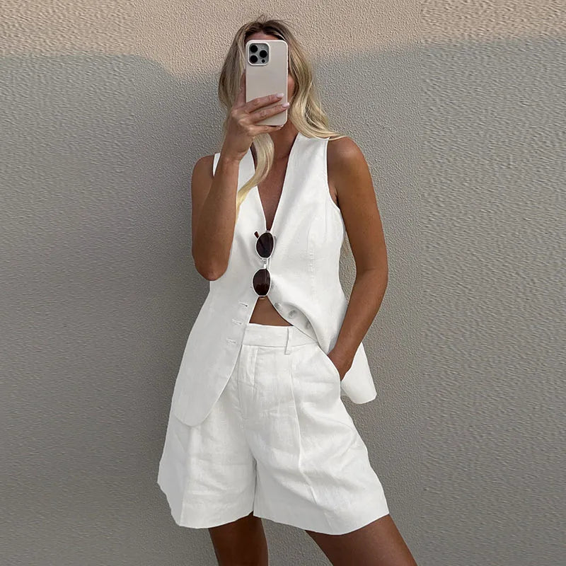 Effortless Style: Cotton Linen Vest & Shorts Set for Women