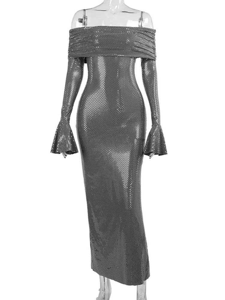 Elegant Strapless Sparkle Maxi Dress – Off-Shoulder, Backless & Bodycon