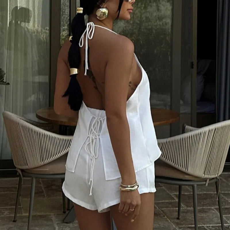 Sleek & Sultry: White Halter Lace-Up Two-Piece Shorts Set