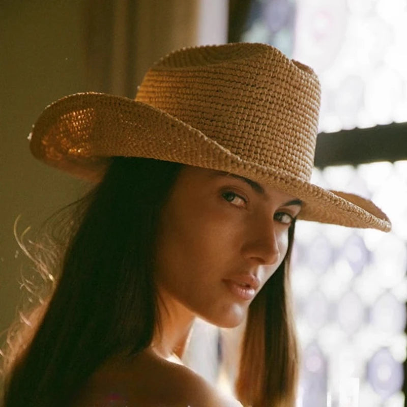 Handmade Raffia Straw Sun Hat for Women – Wide Brim Crochet Cowboy Style