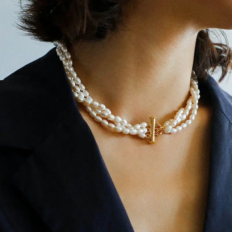 Brass Natural Baroque Pearl Layered Chain Choker Necklace