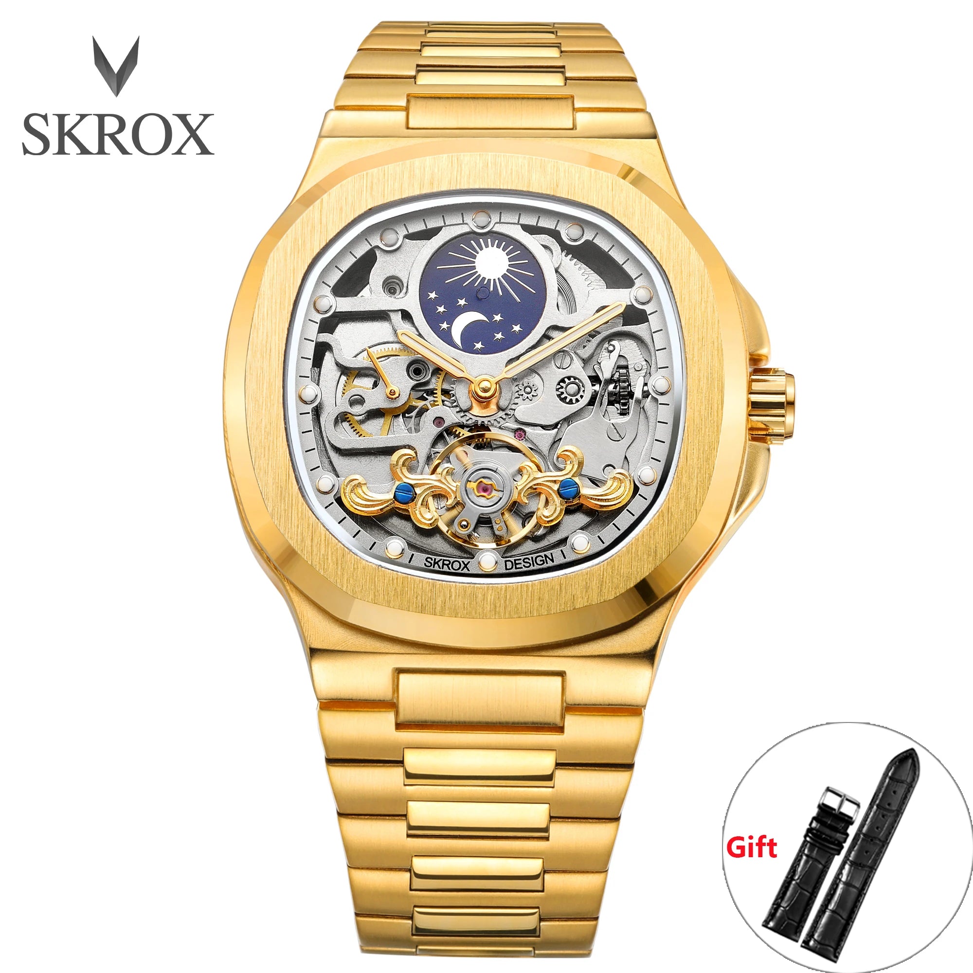 2025 SKROX High-End Luxury Square Watch – Skeleton Dial & Moon Phase