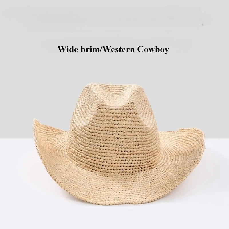 Handmade Raffia Straw Sun Hat for Women – Wide Brim Crochet Cowboy Style