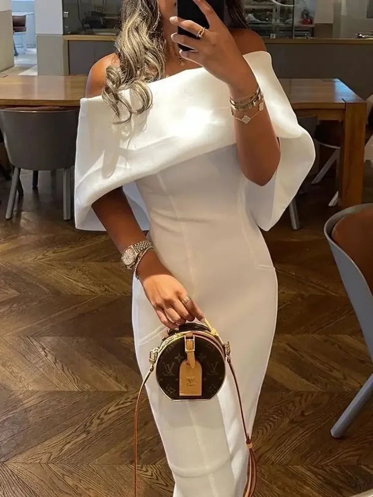 Elegant White Off-Shoulder Cape Dress – Summer Skinny Party Dress