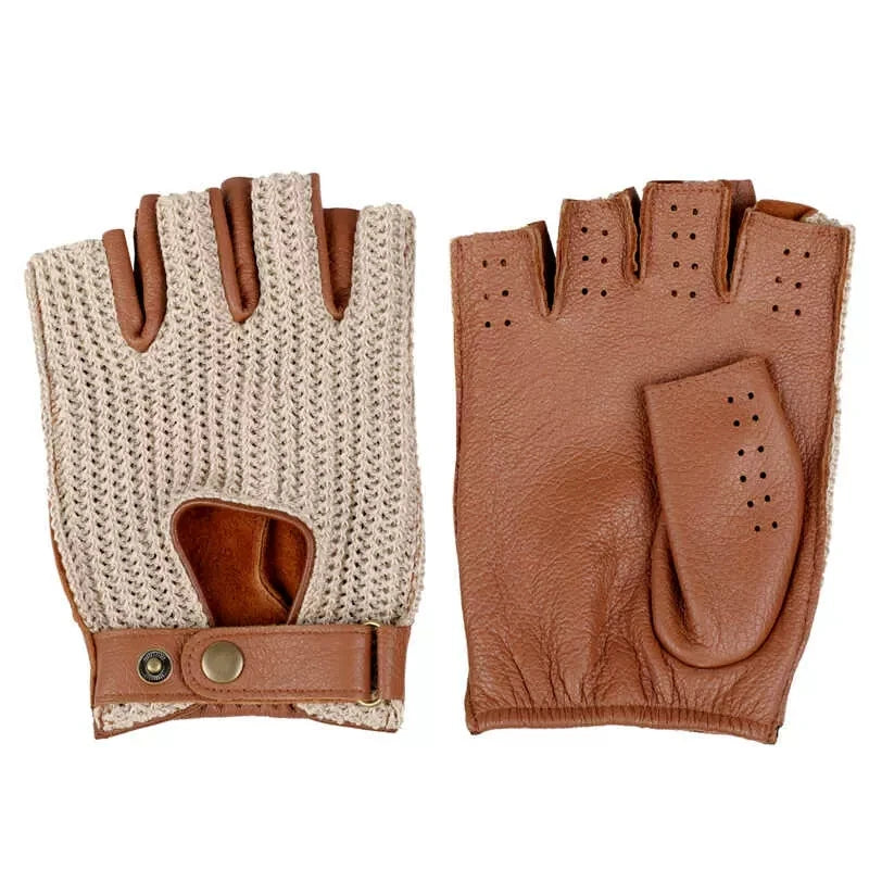 Semi-Finger Knitted Gloves with Sheepskin Patchwork – Retro Style Driving & Riding Gloves
