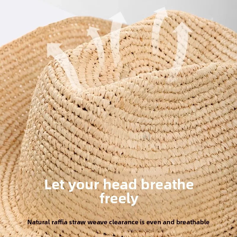 Handmade Raffia Straw Sun Hat for Women – Wide Brim Crochet Cowboy Style