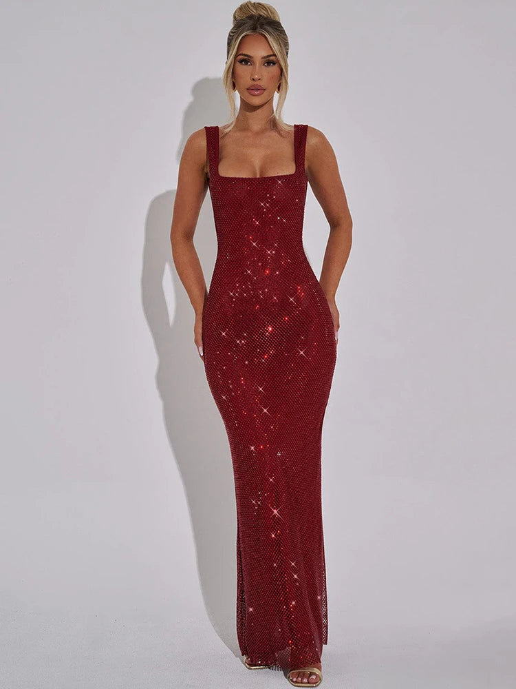 Sequins Backless Sexy Maxi Dress – Sparkle Square Collar Sleeveless Gown