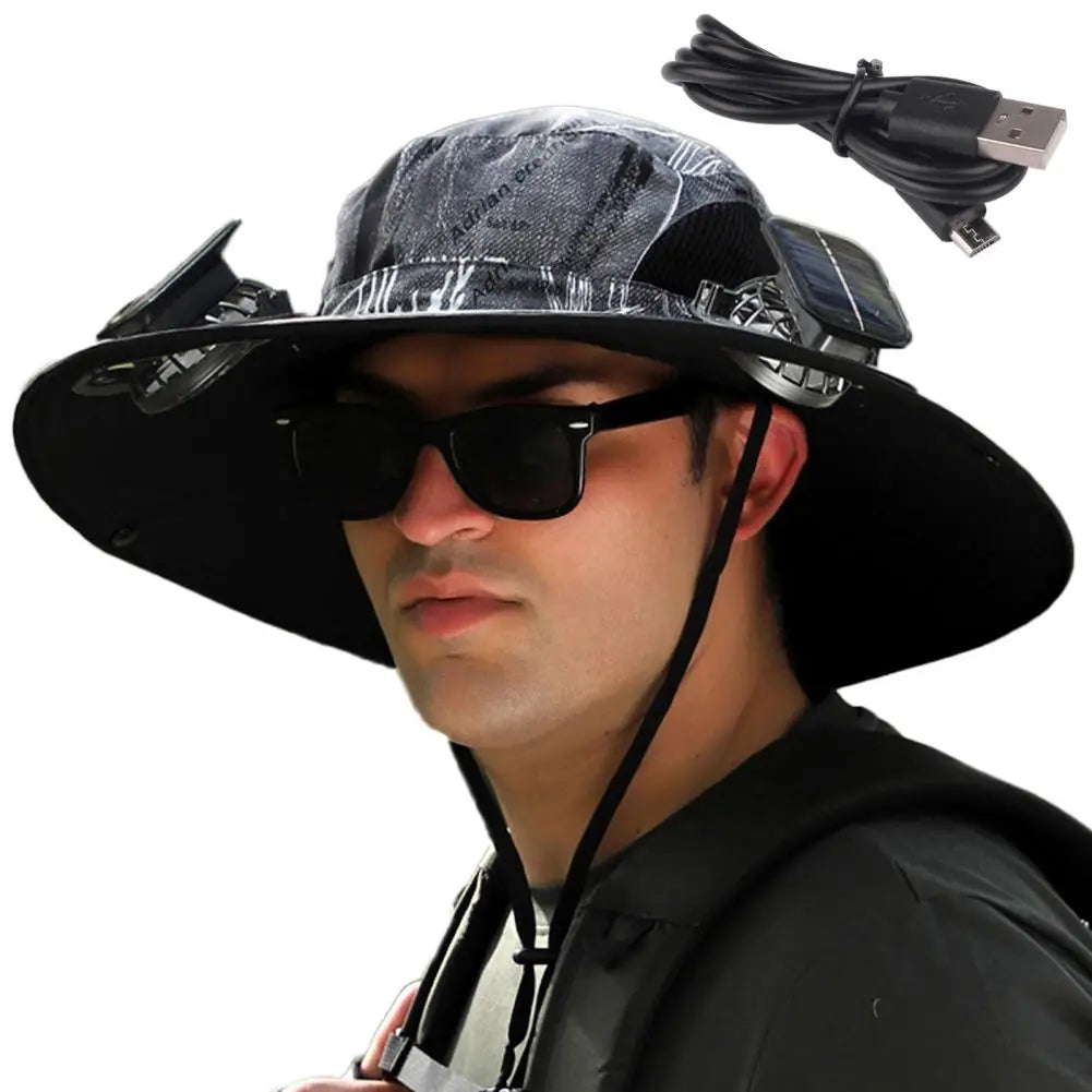Outdoor Sun Hat with 2 Built-In Fans – Large Brim, Windproof Strap
