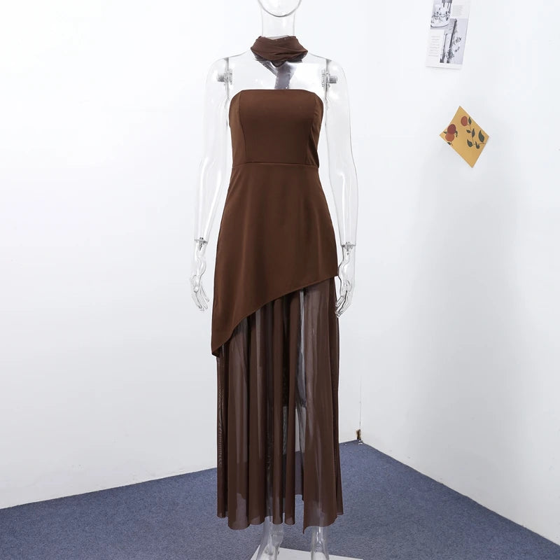Elegant Patchwork Split Strapless Dress – Sexy Sleeveless & Backless