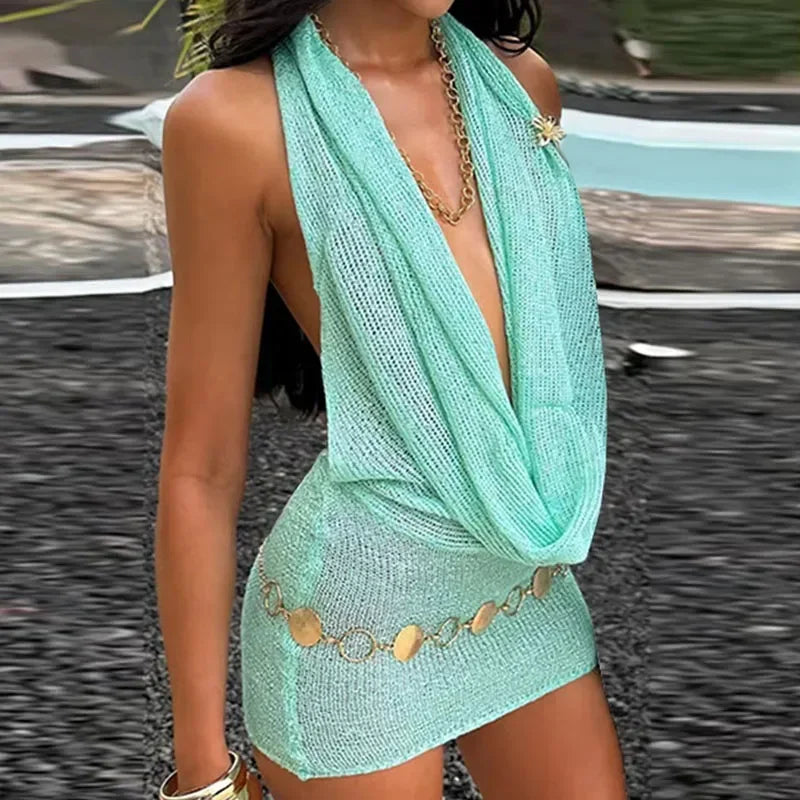 Sexy Sequin Halter Short Dress – Backless, Sleeveless & Hip-Hugging