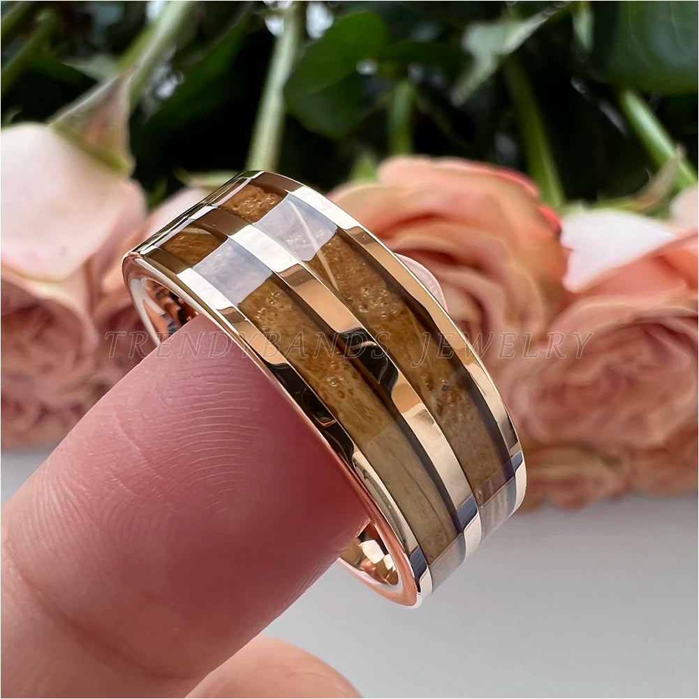 8mm Tungsten Wedding Band – Whisky Barrel Wood Inlay