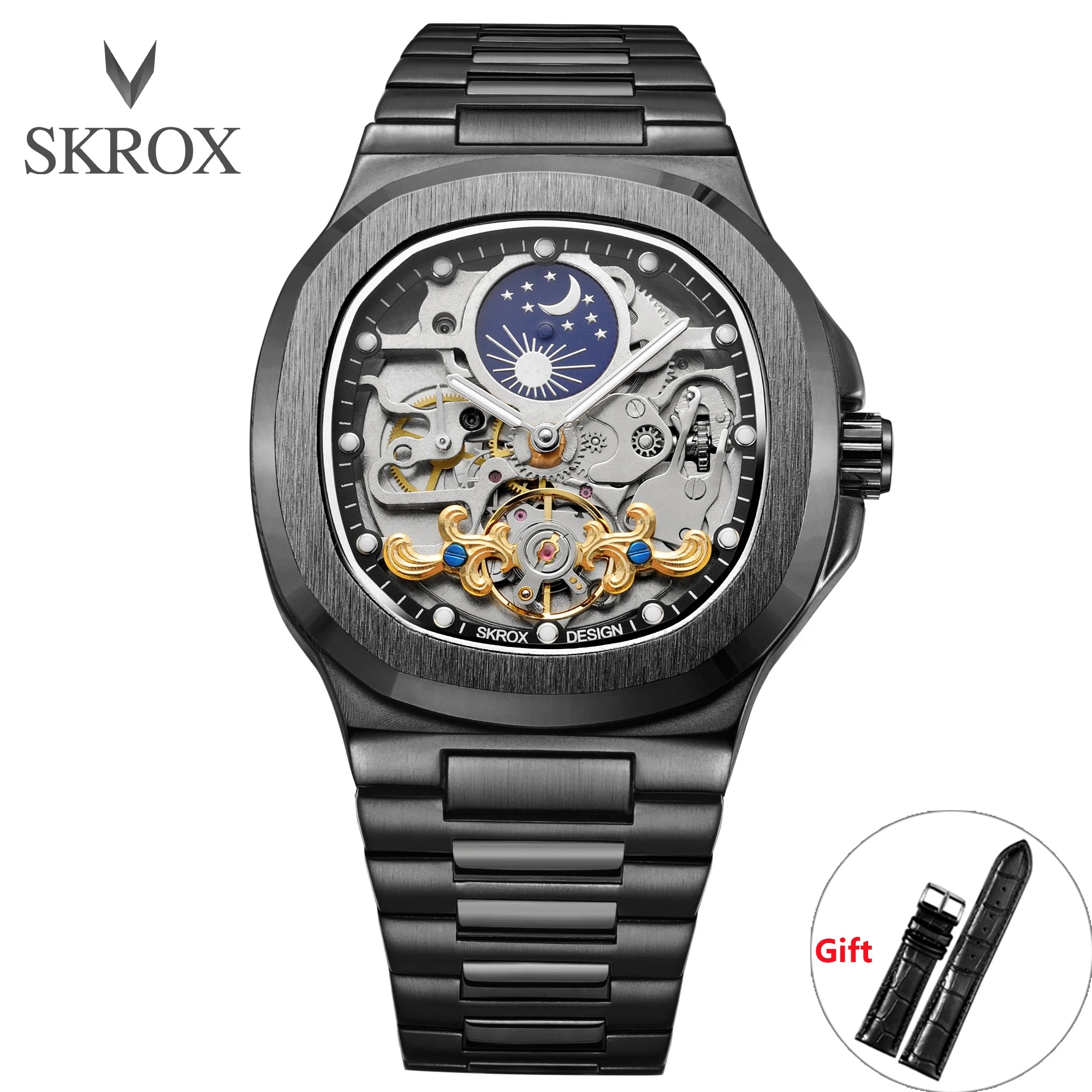 2025 SKROX High-End Luxury Square Watch – Skeleton Dial & Moon Phase