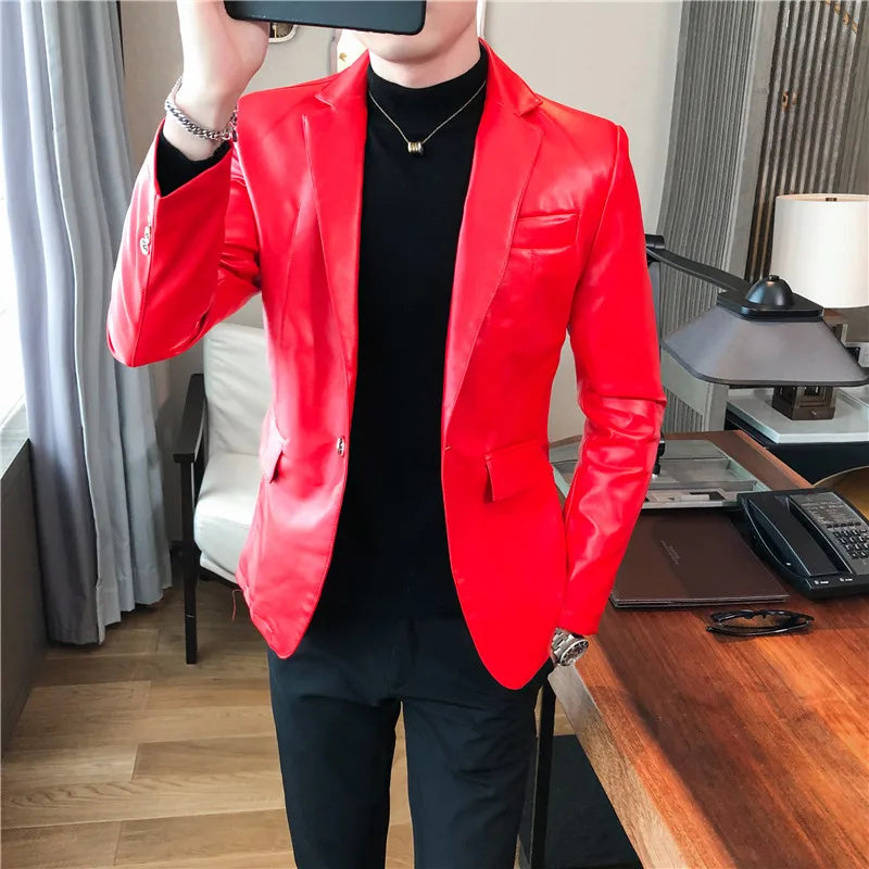 Men’s PU Leather Suit Jacket – Casual Blazer with Business Style