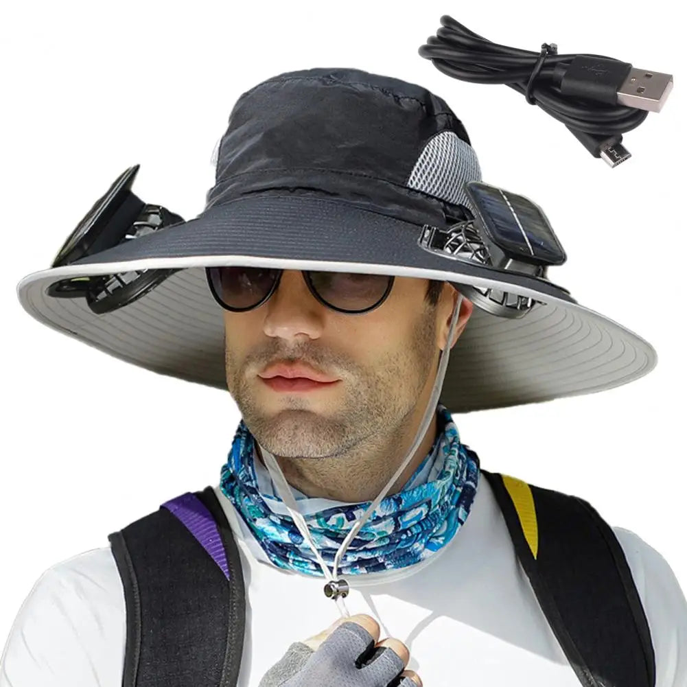 Outdoor Sun Hat with 2 Built-In Fans – Large Brim, Windproof Strap