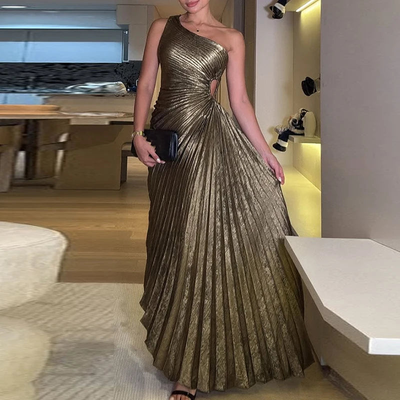 Sexy Symmetrical Hollow Pleats Long Dress – Slanted Neck & High Waist
