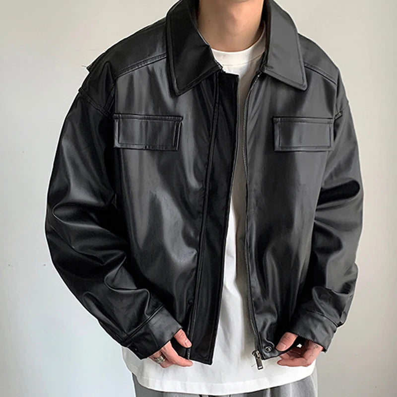 Men’s Casual Textured PU Leather Jacket – Autumn Collection