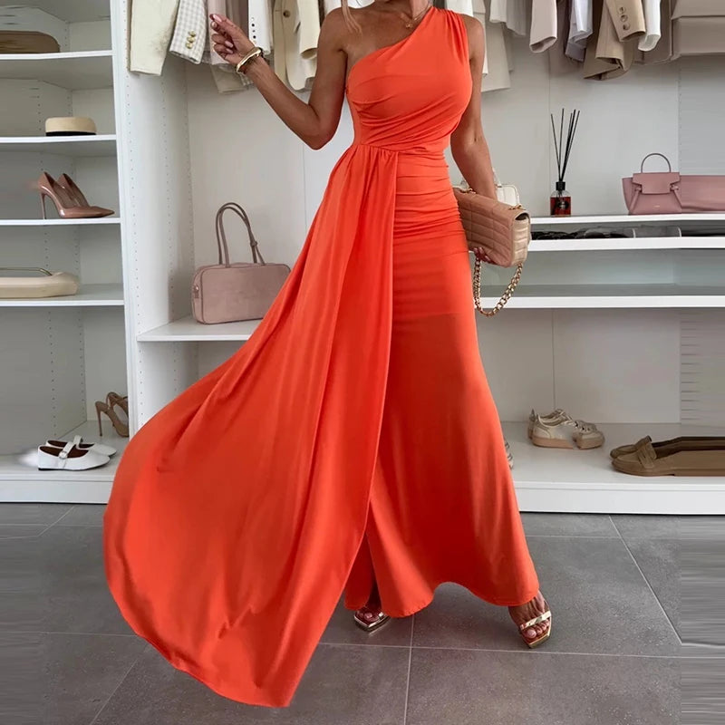 Summer New Solid Color Asymmetric Pleated Evening Dress