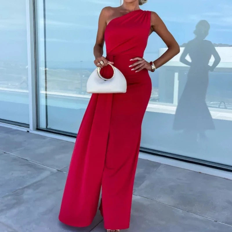Summer New Solid Color Asymmetric Pleated Evening Dress