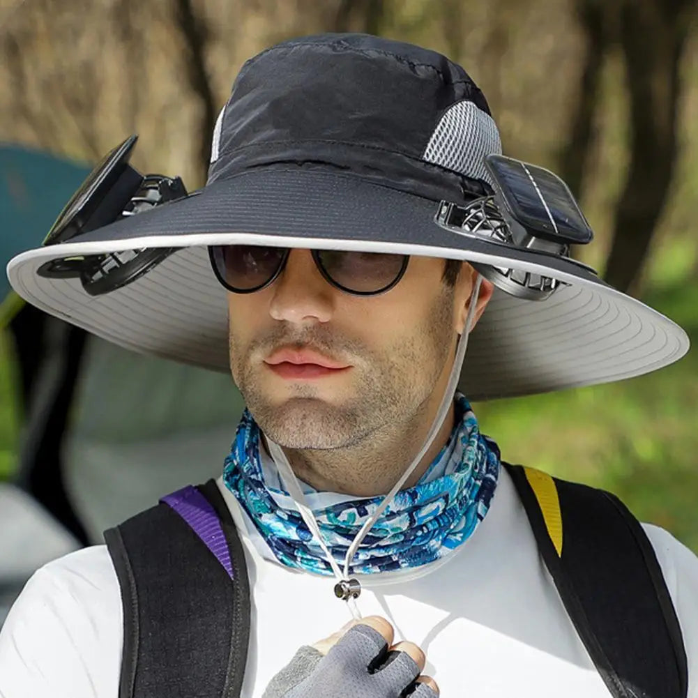 Outdoor Sun Hat with 2 Built-In Fans – Large Brim, Windproof Strap