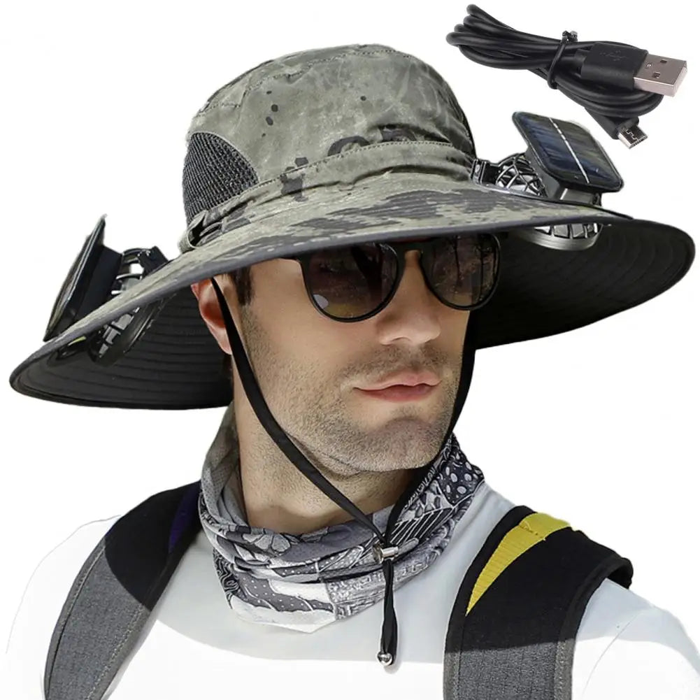 Outdoor Sun Hat with 2 Built-In Fans – Large Brim, Windproof Strap