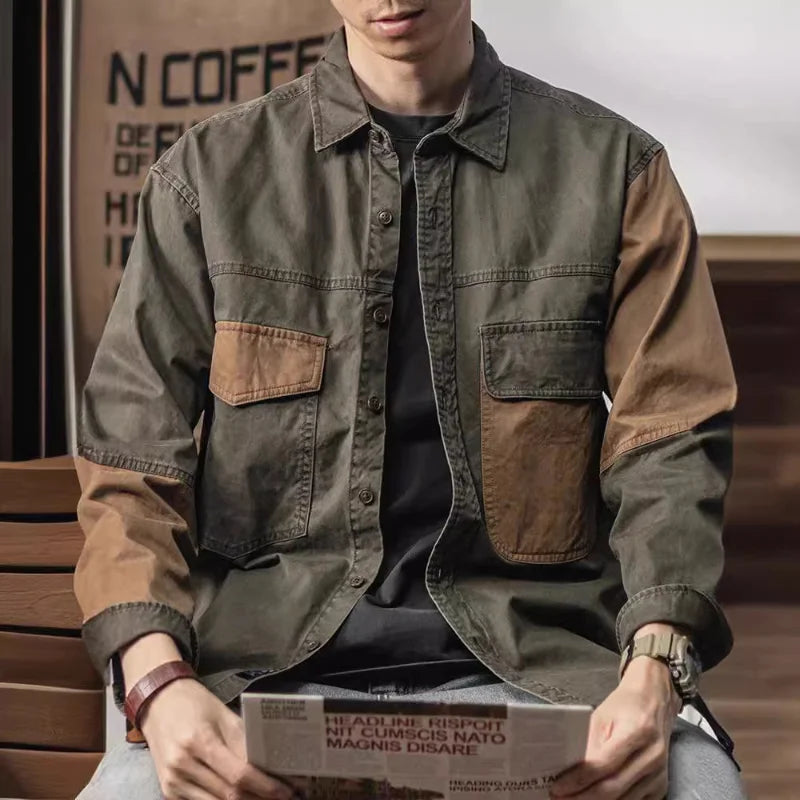 Men’s Vintage Patchwork Cargo Shirt – American Style, Japanese Influence